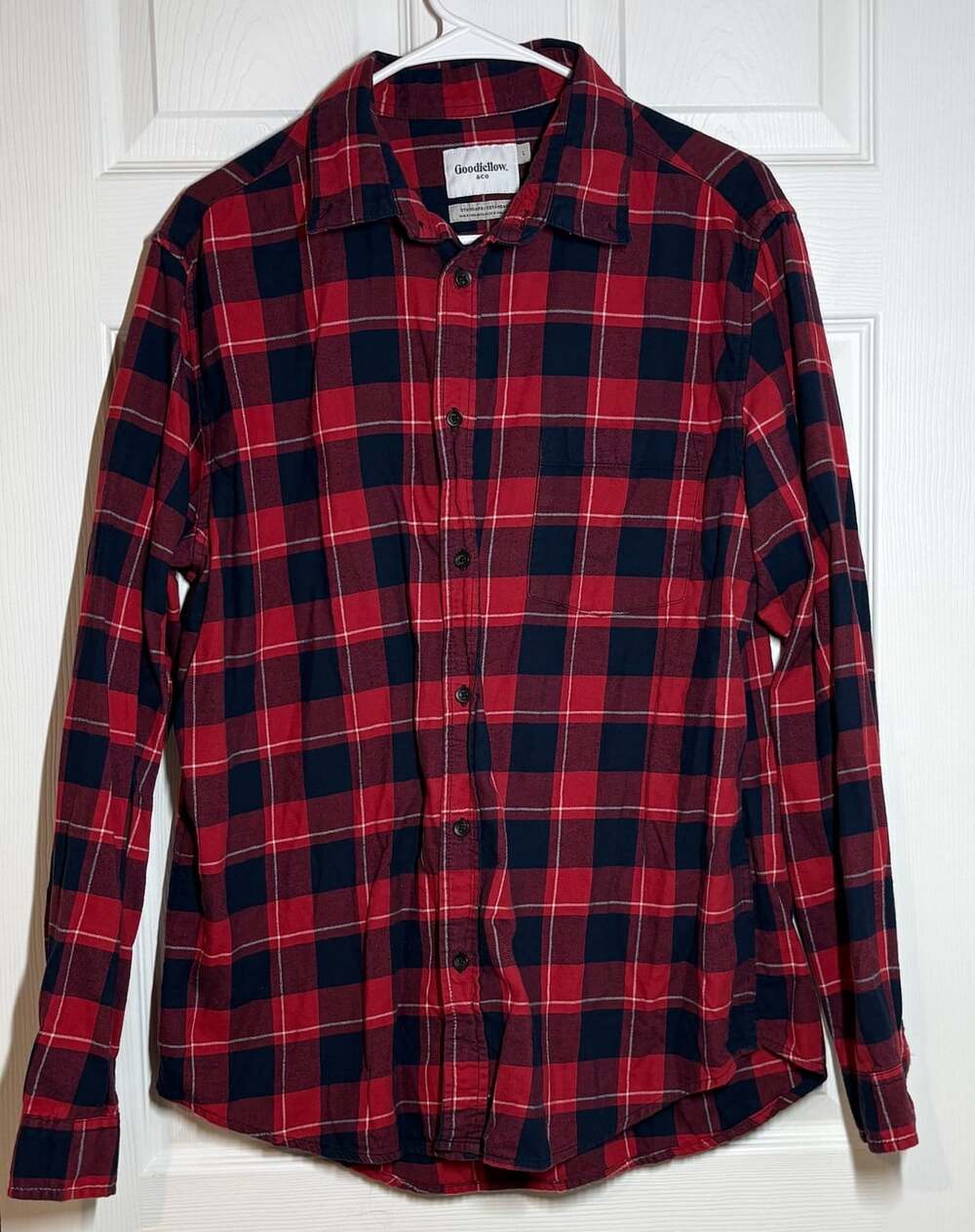 Goodfellow & Co Men's Red Black Plaid Long Sleeve Button Down Flannel Shirt Size